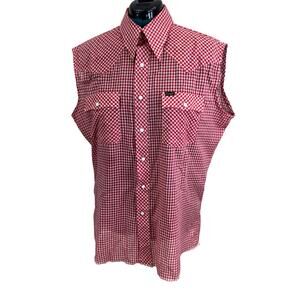 Vintage Wrangler Red Gingham Sleeveless Pearl Snap Western Shirt XL USA Made
